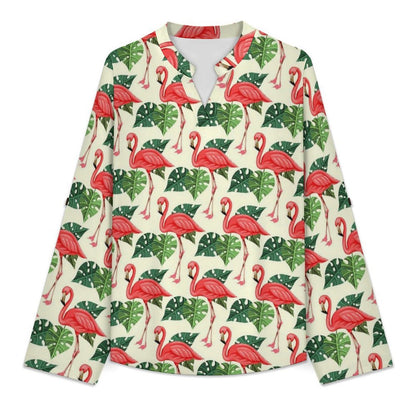 Women Curved Hem V Neck Roll Sleeve Casual Work Top  Flamingo, Repeating Pattern