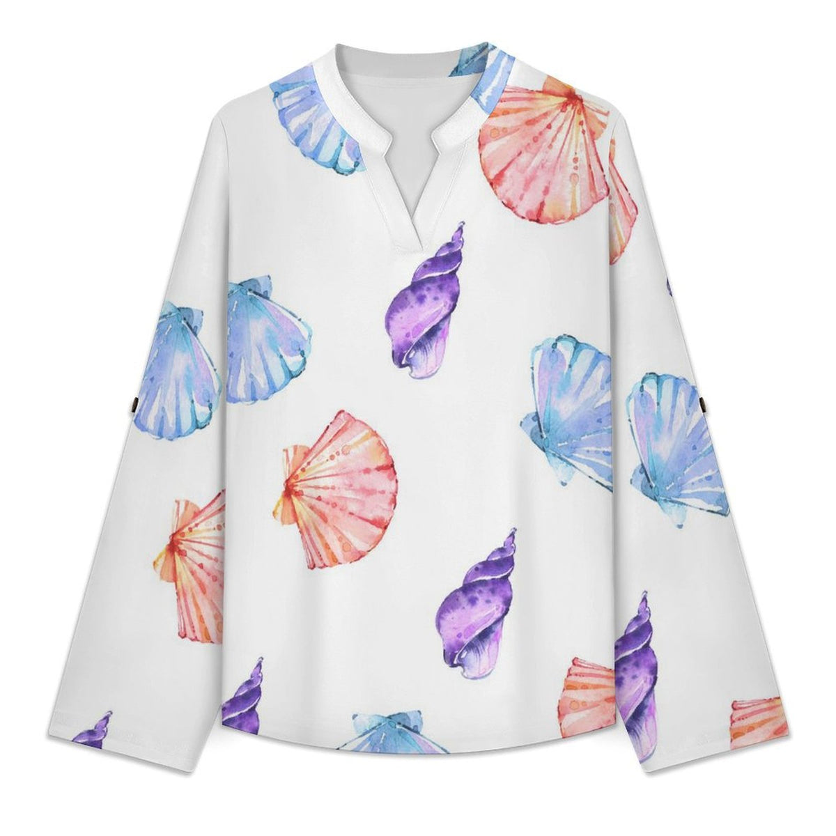 Shell-blue-full Print-T-shirt-phone Case  Women Curved Hem V Neck Roll Sleeve Casual Work Top