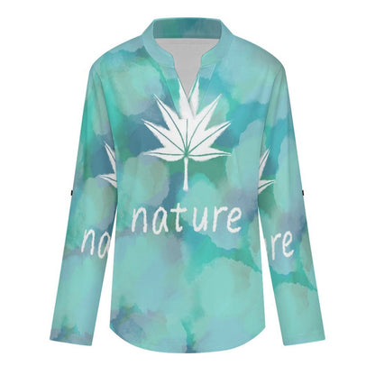 Women's Notched V Neck Tunic Tops, Roll Up 3/4 Sleeve Button Cuff Casual Blouse, Hem Loose Work Shirts  Tie-dyed Blue Maple Leaf