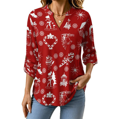 Stand-up Collar Long-sleeved Shirt Red Background, Santa Claus, Christmas white S Women’s V-Neck Blouses