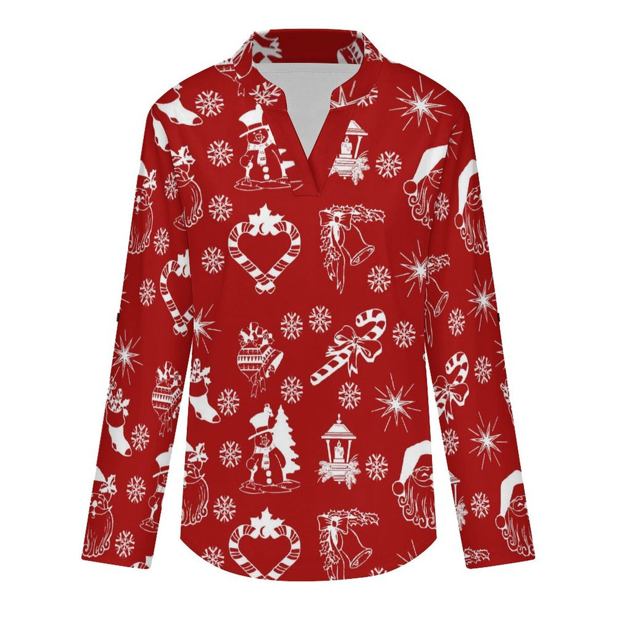 Stand-up Collar Long-sleeved Shirt Red Background, Santa Claus, Christmas white S Women’s V-Neck Blouses