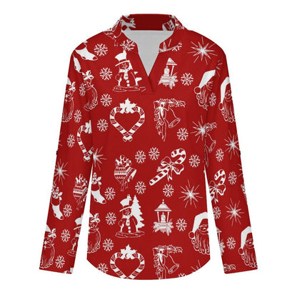 Stand-up Collar Long-sleeved Shirt Red Background, Santa Claus, Christmas white S Women’s V-Neck Blouses