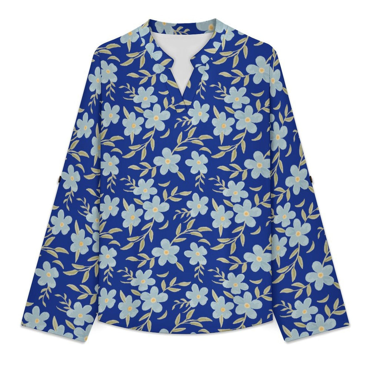Versatile Notched V-Neck Tunic | Roll Tab 3/4 Sleeve Office Casual Top  Floral Repeat Pattern Skirt for Women