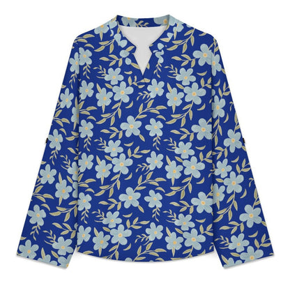 Versatile Notched V-Neck Tunic | Roll Tab 3/4 Sleeve Office Casual Top  Floral Repeat Pattern Skirt for Women