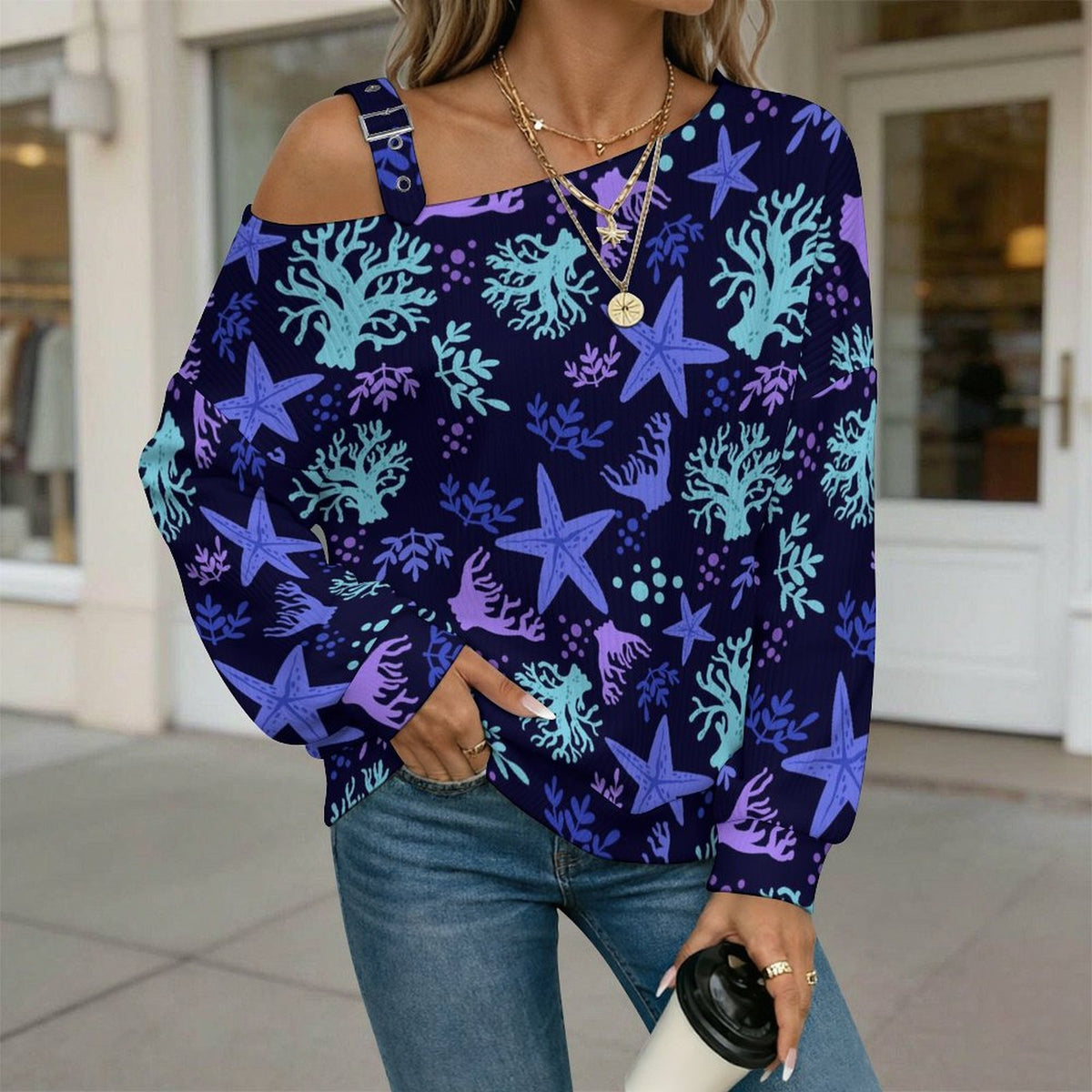 Women’s Off-Shoulder Knit Sweater Ocean Pattern