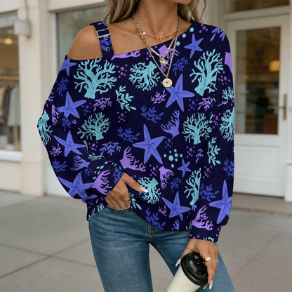 Women’s Off-Shoulder Knit Sweater Ocean Pattern