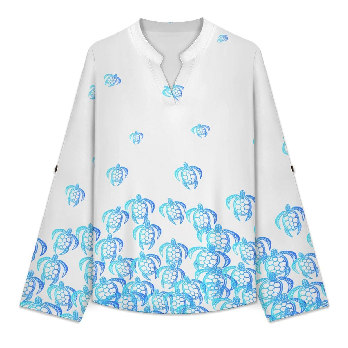 Blue Turtle Dress  Versatile Notched V-Neck Tunic | Roll Tab 3/4 Sleeve Office Casual Top