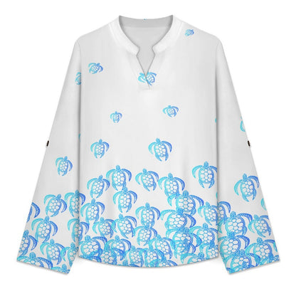 Blue Turtle Dress  Versatile Notched V-Neck Tunic | Roll Tab 3/4 Sleeve Office Casual Top