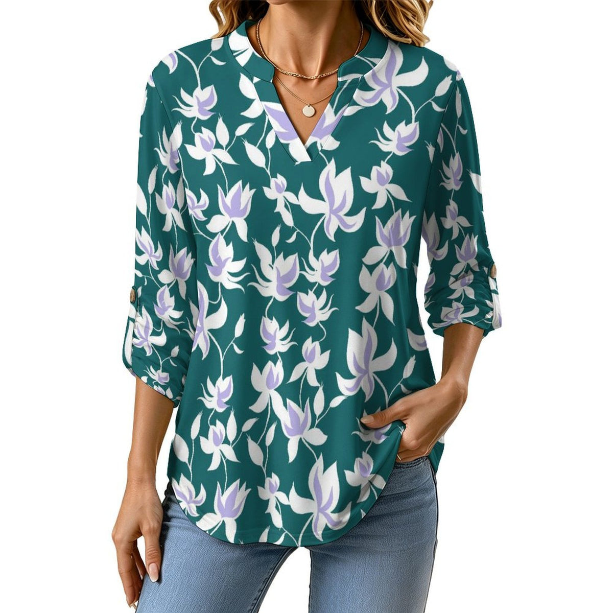 Flower Pattern Repeat  Versatile Notched V-Neck Tunic | Roll Tab 3/4 Sleeve Office Casual Top