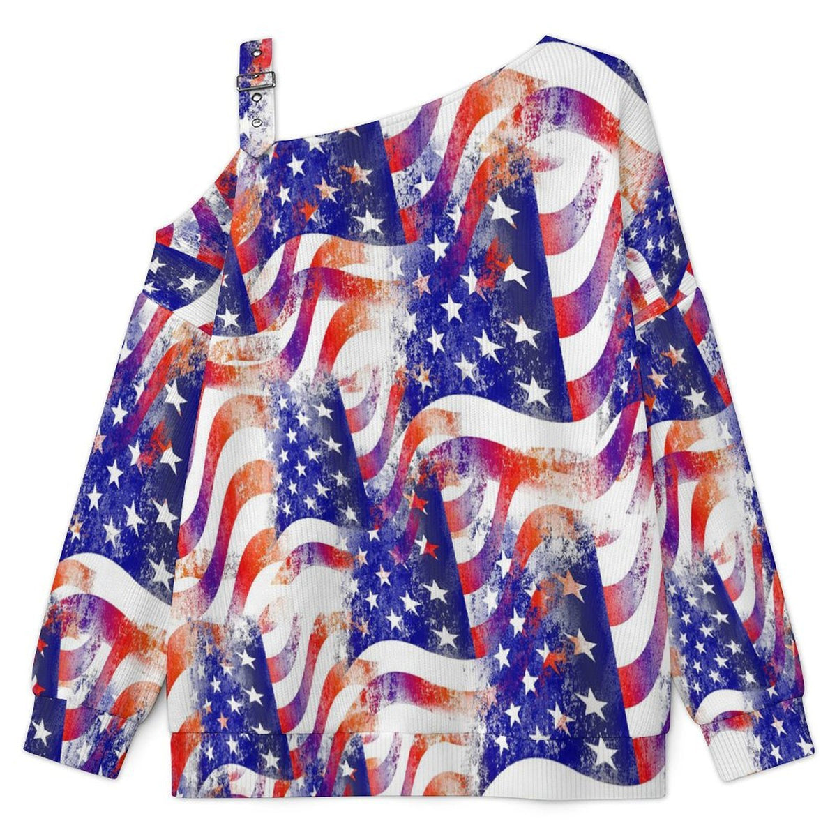 Buckle Strap Asymmetrical Off Shoulder Knit Sweater Many American Flags Intertwined