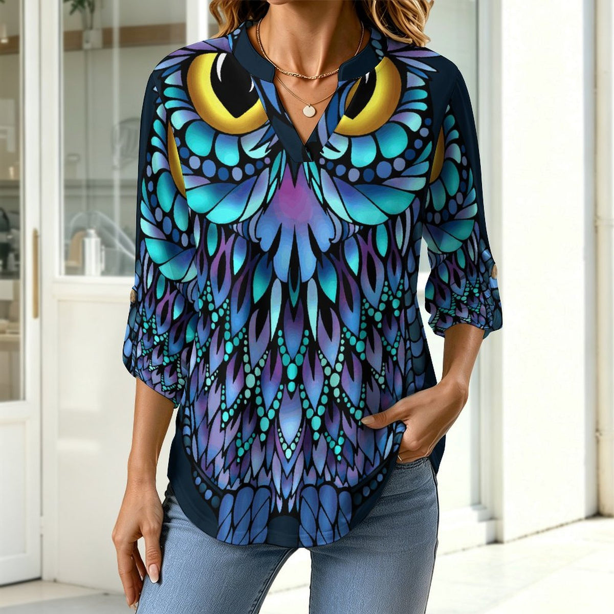 Stand-up Collar Long-sleeved Shirt Owl, Animal white SWomen’s V-Neck Blouses