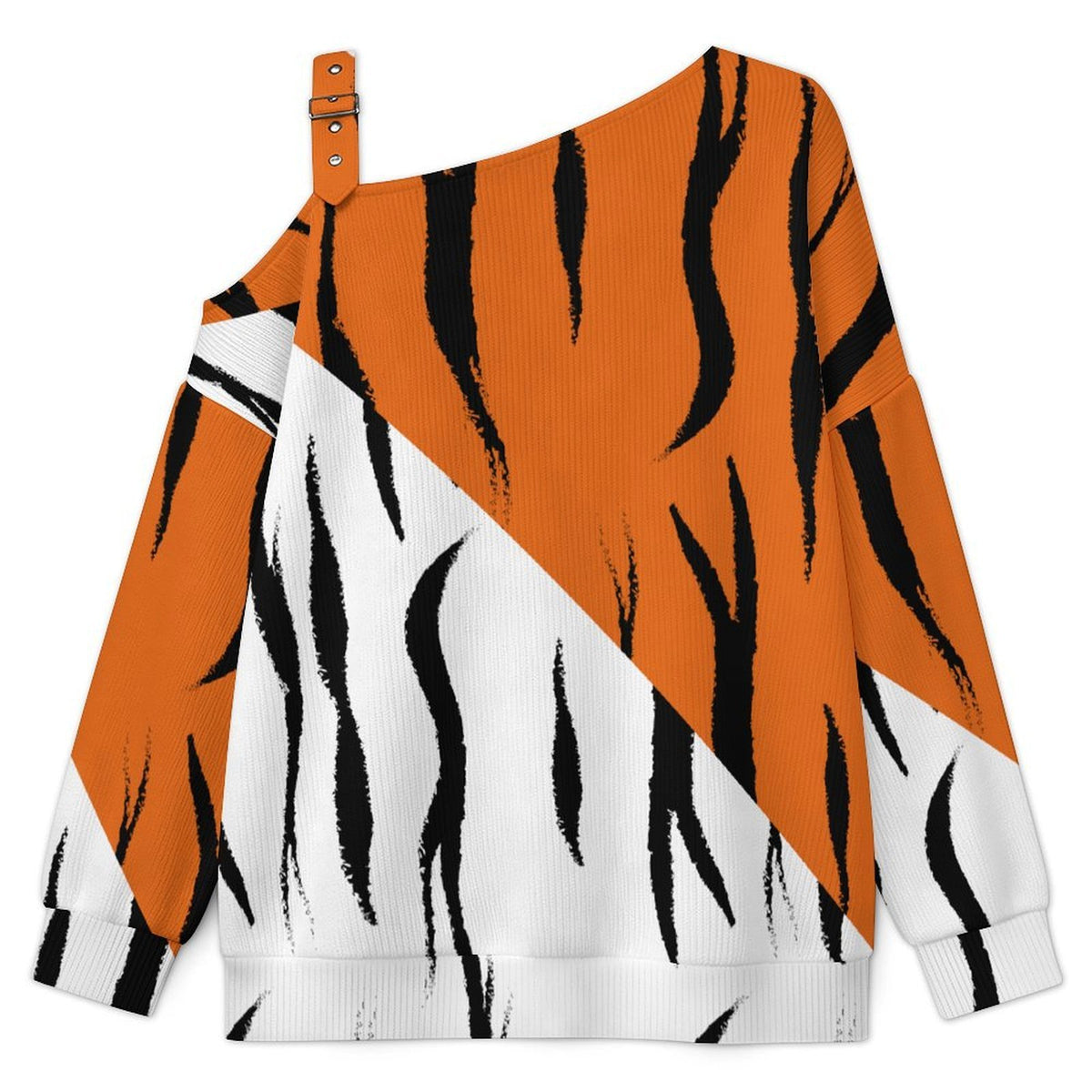 Women’s Off-Shoulder Knit Sweater Two Color, Tiger Background