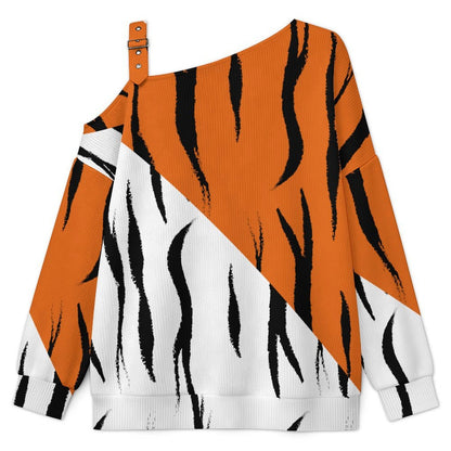 Women’s Off-Shoulder Knit Sweater Two Color, Tiger Background