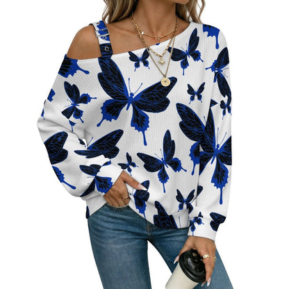 Women’s Off-Shoulder Knit Sweater Butterfly Good Luck Repeat Pattern