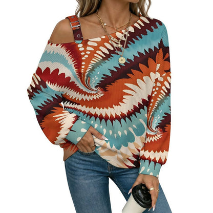Fall Casual Asymmetric Shoulder Knit Top with Buckle Detail Tie Dye Stripes