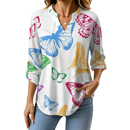 Versatile Notched V-Neck Tunic | Roll Tab 3/4 Sleeve Office Casual Top  Colorful Butterflies