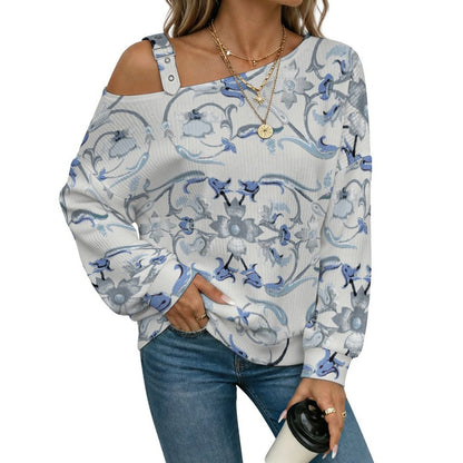 Off-the-shoulder SweaterChina, Blue And White Porcelain Women’s Off-Shoulder Knit Sweater