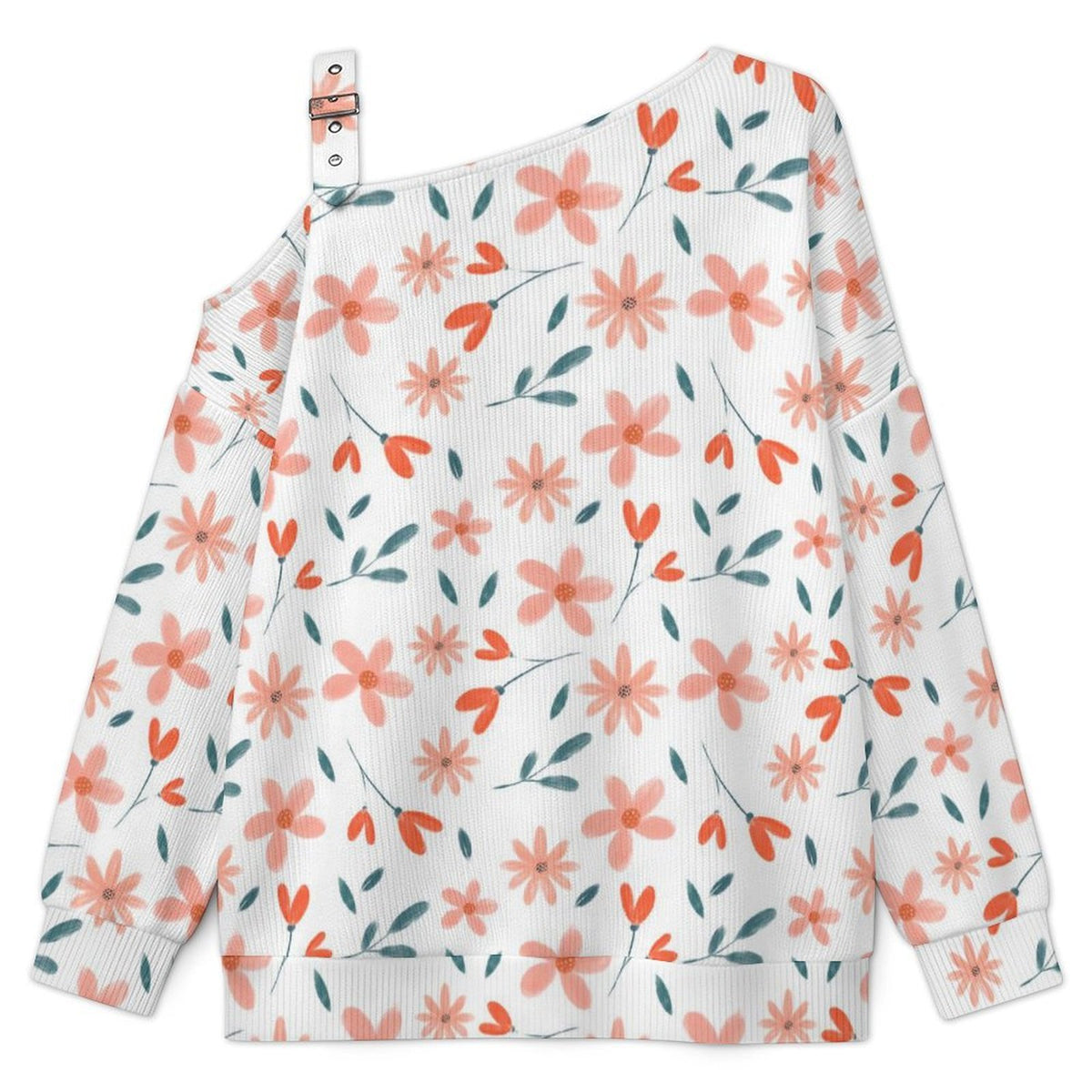 Fall Casual Asymmetric Shoulder Knit Top with Buckle Detail Flower