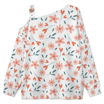 Fall Casual Asymmetric Shoulder Knit Top with Buckle Detail Flower
