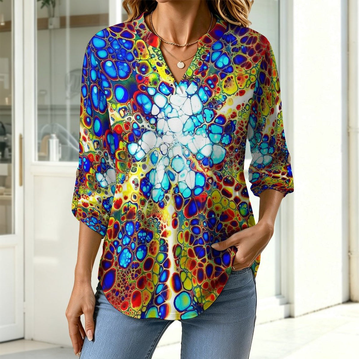 Pattern  Women Curved Hem V Neck Roll Sleeve Casual Work Top