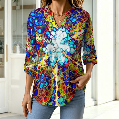 Pattern  Women Curved Hem V Neck Roll Sleeve Casual Work Top