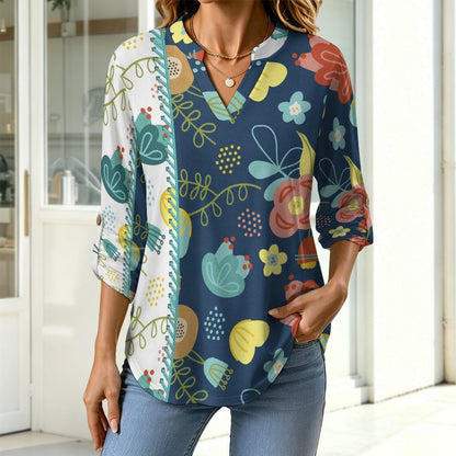 Two Color, Flower, Decoration  Versatile Notched V-Neck Tunic | Roll Tab 3/4 Sleeve Office Casual Top