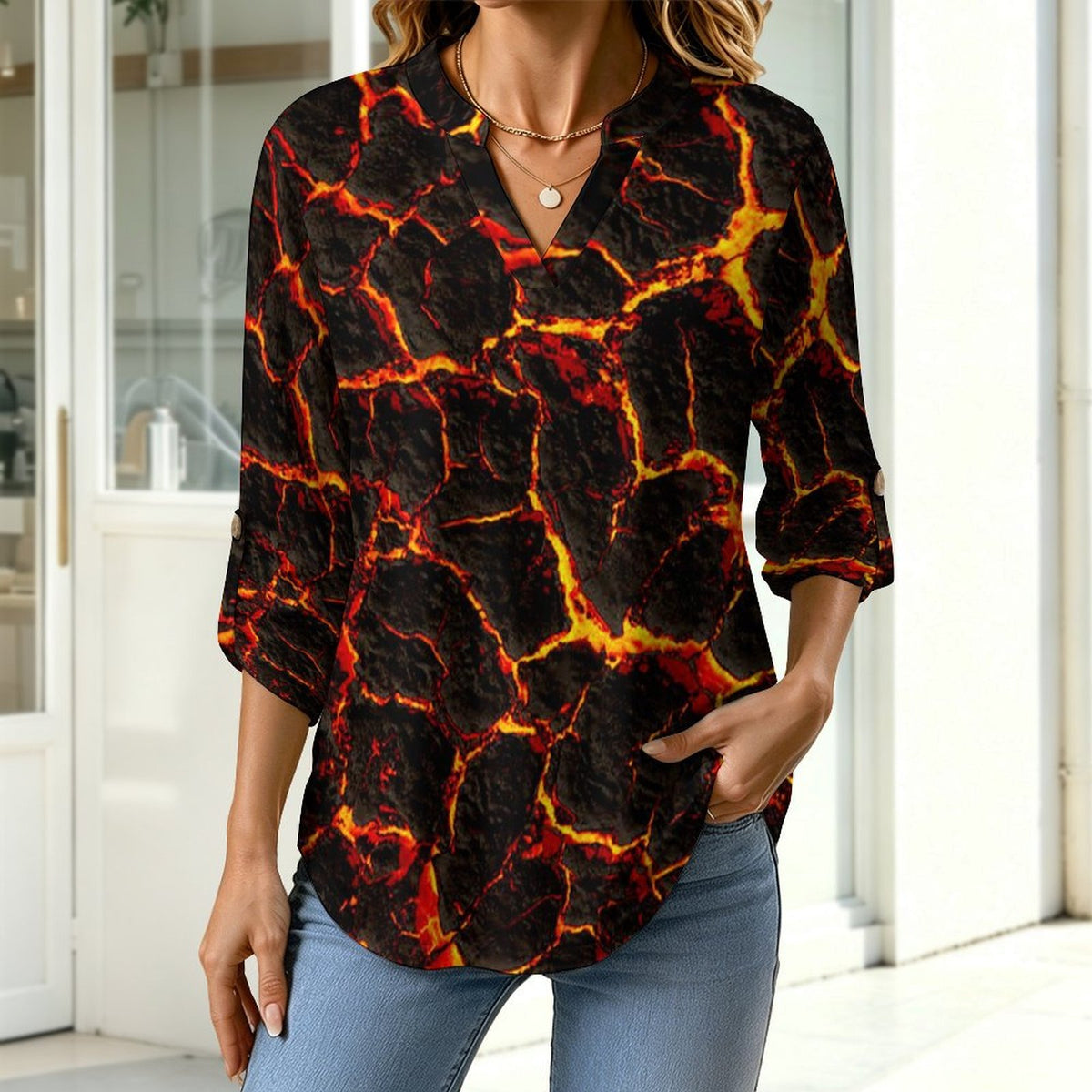Magma  Versatile Notched V-Neck Tunic | Roll Tab 3/4 Sleeve Office Casual Top