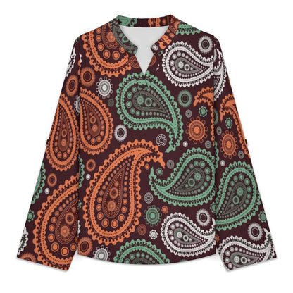 Paisley  Versatile Notched V-Neck Tunic | Roll Tab 3/4 Sleeve Office Casual Top