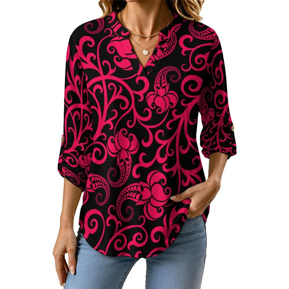 Women Curved Hem V Neck Roll Sleeve Casual Work Top  Repeat Pattern Black