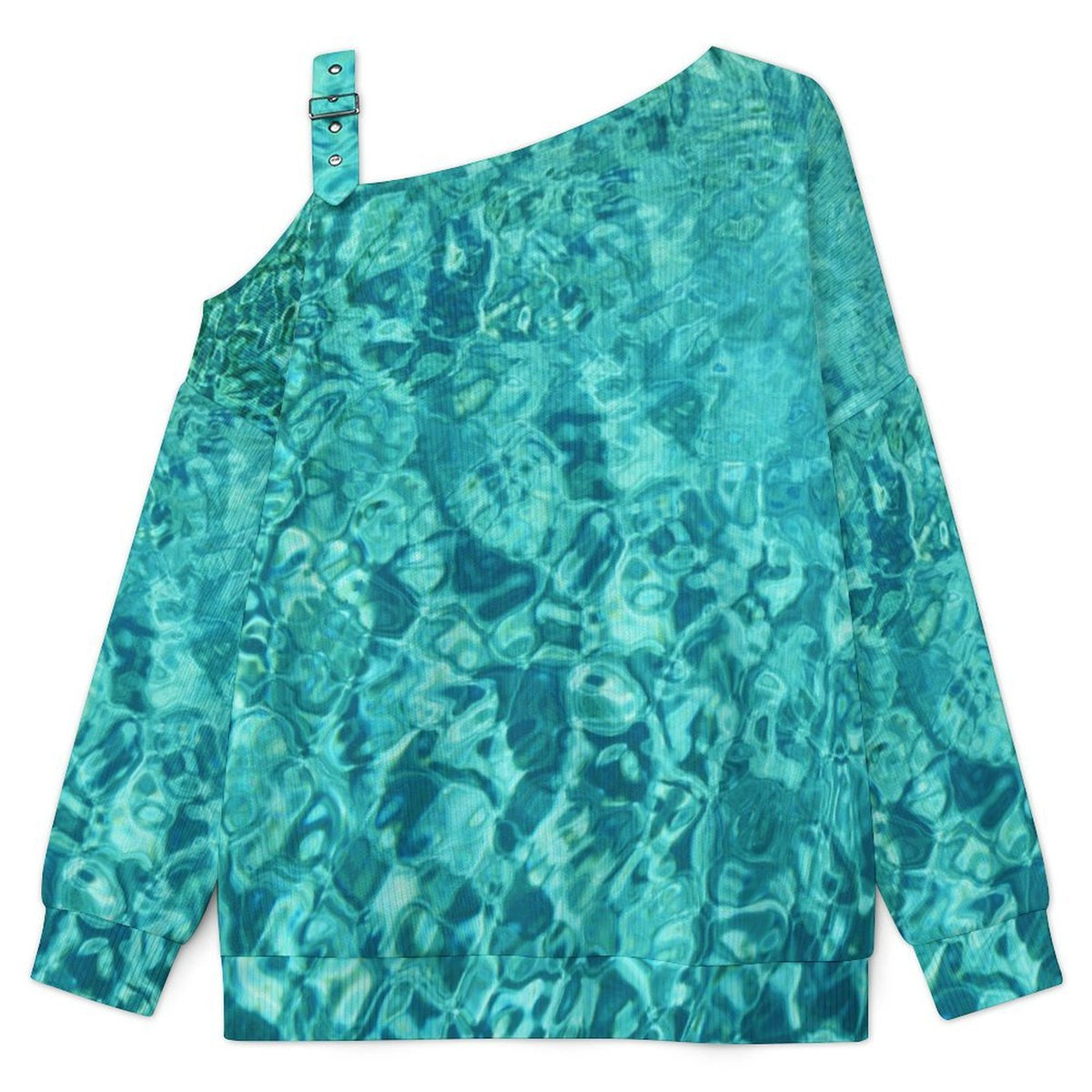 Buckle Strap Asymmetrical Off Shoulder Knit Sweater Bull Water Sea