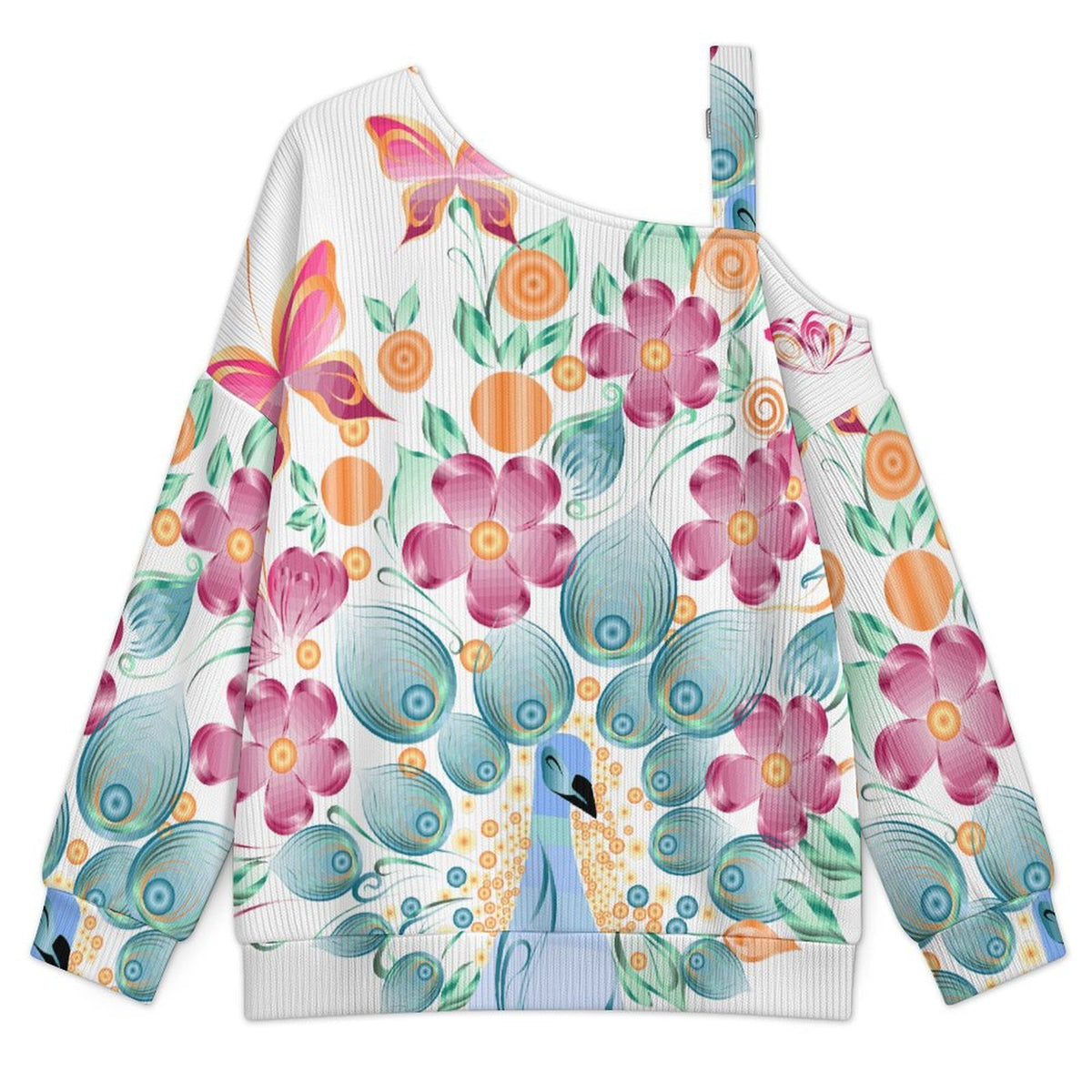 Buckle Strap Asymmetrical Off Shoulder Knit Sweater Peacock Butterfly Flower