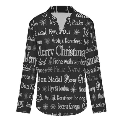 Merry Christmas  Versatile Notched V-Neck Tunic | Roll Tab 3/4 Sleeve Office Casual Top