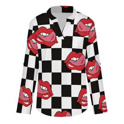Pop Style Red Lips Repeat Pattern Black And White Checkered Roll Tab 3/4 Sleeve Notched V Neck Tunic Blouse