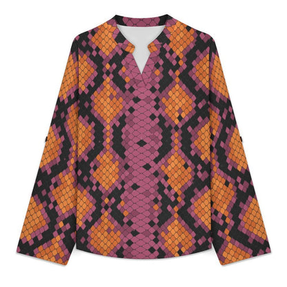Snakeskin Pattern, Repeating Pattern Roll Tab 3/4 Sleeve Notched V Neck Tunic Blouse