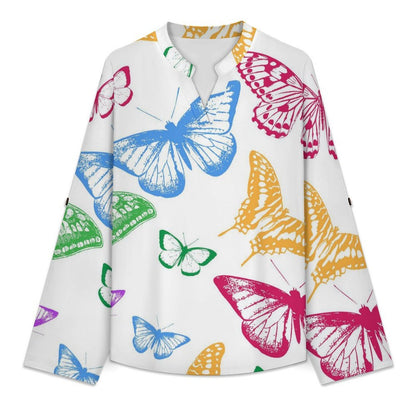Versatile Notched V-Neck Tunic | Roll Tab 3/4 Sleeve Office Casual Top  Colorful Butterflies