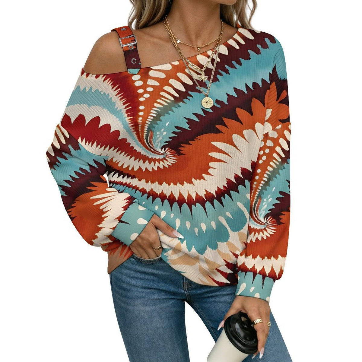 Fall Casual Asymmetric Shoulder Knit Top with Buckle Detail Tie Dye Stripes