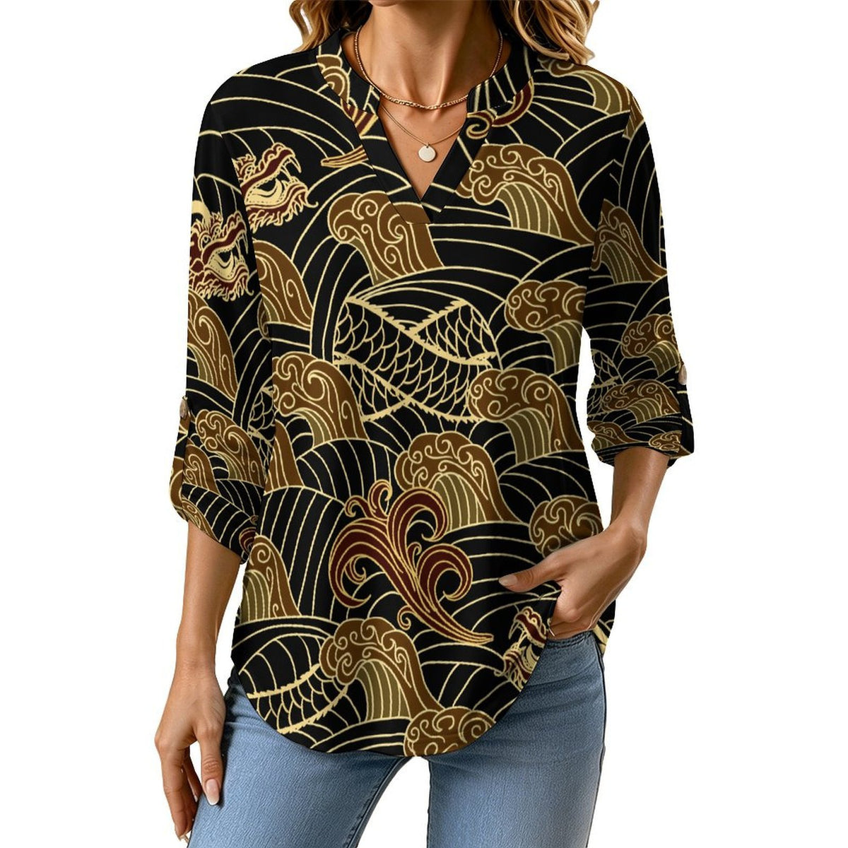 Retro Pattern, Cloud, Dragon Roll Tab 3/4 Sleeve Notched V Neck Tunic Blouse