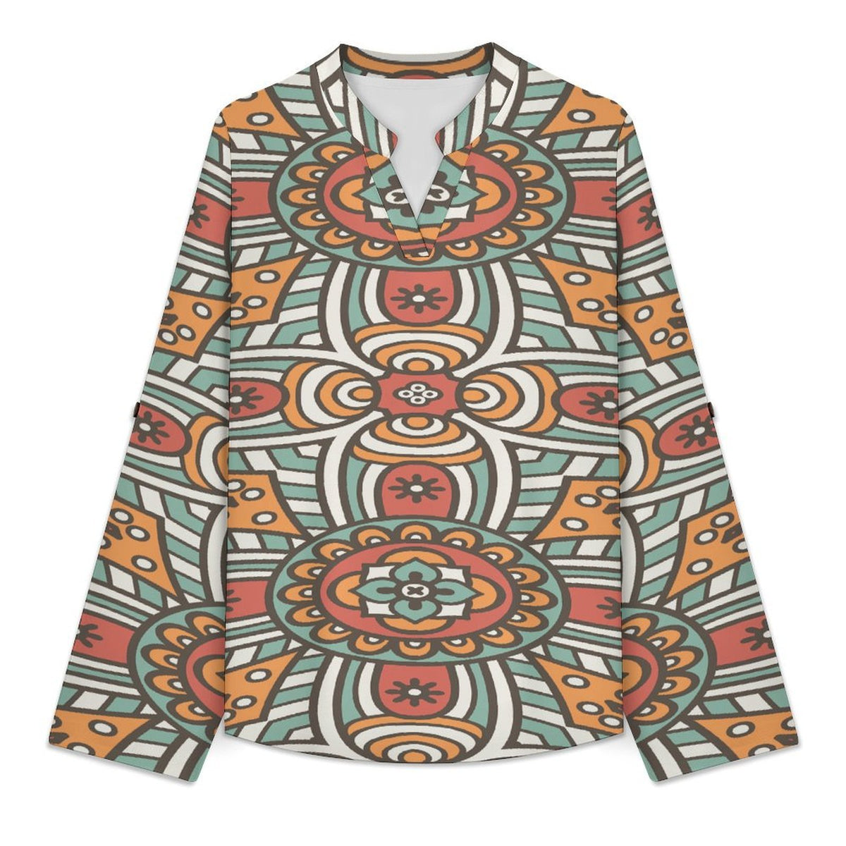 Retro Pattern  Versatile Notched V-Neck Tunic | Roll Tab 3/4 Sleeve Office Casual Top