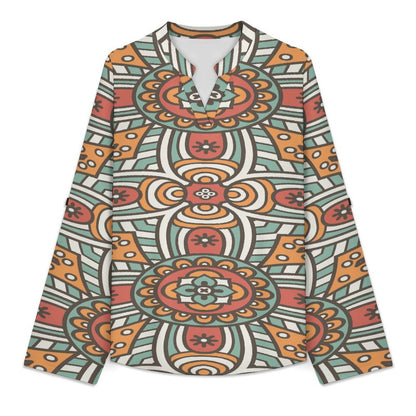 Retro Pattern  Versatile Notched V-Neck Tunic | Roll Tab 3/4 Sleeve Office Casual Top