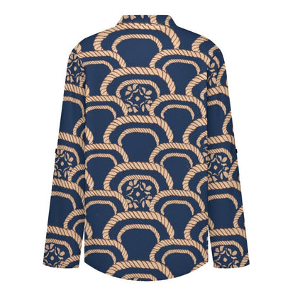 Chinese Style, Retro Pattern  Versatile Notched V-Neck Tunic | Roll Tab 3/4 Sleeve Office Casual Top