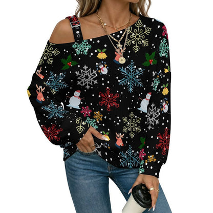 Black, Snowflakes, Santa Claus Fall Casual Asymmetric Shoulder Knit Top with Buckle Detail
