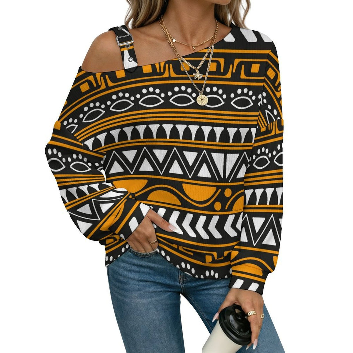 Long Sleeve Relaxed-Fit Solid Pullover African Pattern