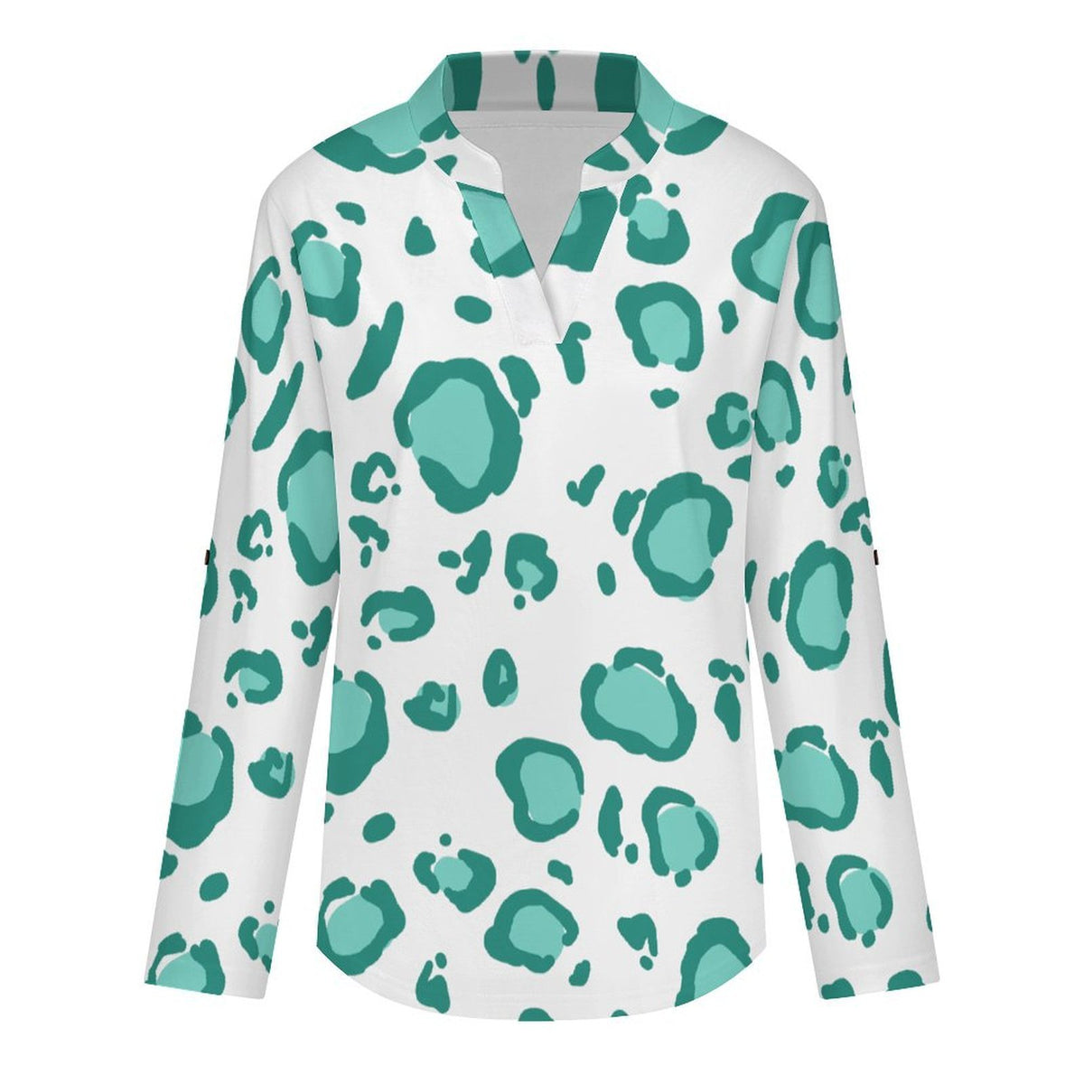 Women's Notched V Neck Tunic Tops, Roll Up 3/4 Sleeve Button Cuff Casual Blouse, Hem Loose Work Shirts  Green Leopard Print