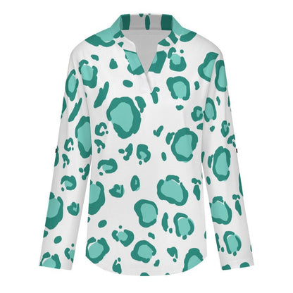 Women's Notched V Neck Tunic Tops, Roll Up 3/4 Sleeve Button Cuff Casual Blouse, Hem Loose Work Shirts  Green Leopard Print
