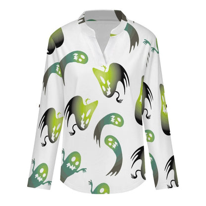 Women's Notched V Neck Tunic Tops, Roll Up 3/4 Sleeve Button Cuff Casual Blouse, Hem Loose Work Shirts  The Ghost Repeats A Pattern of Gradient Green