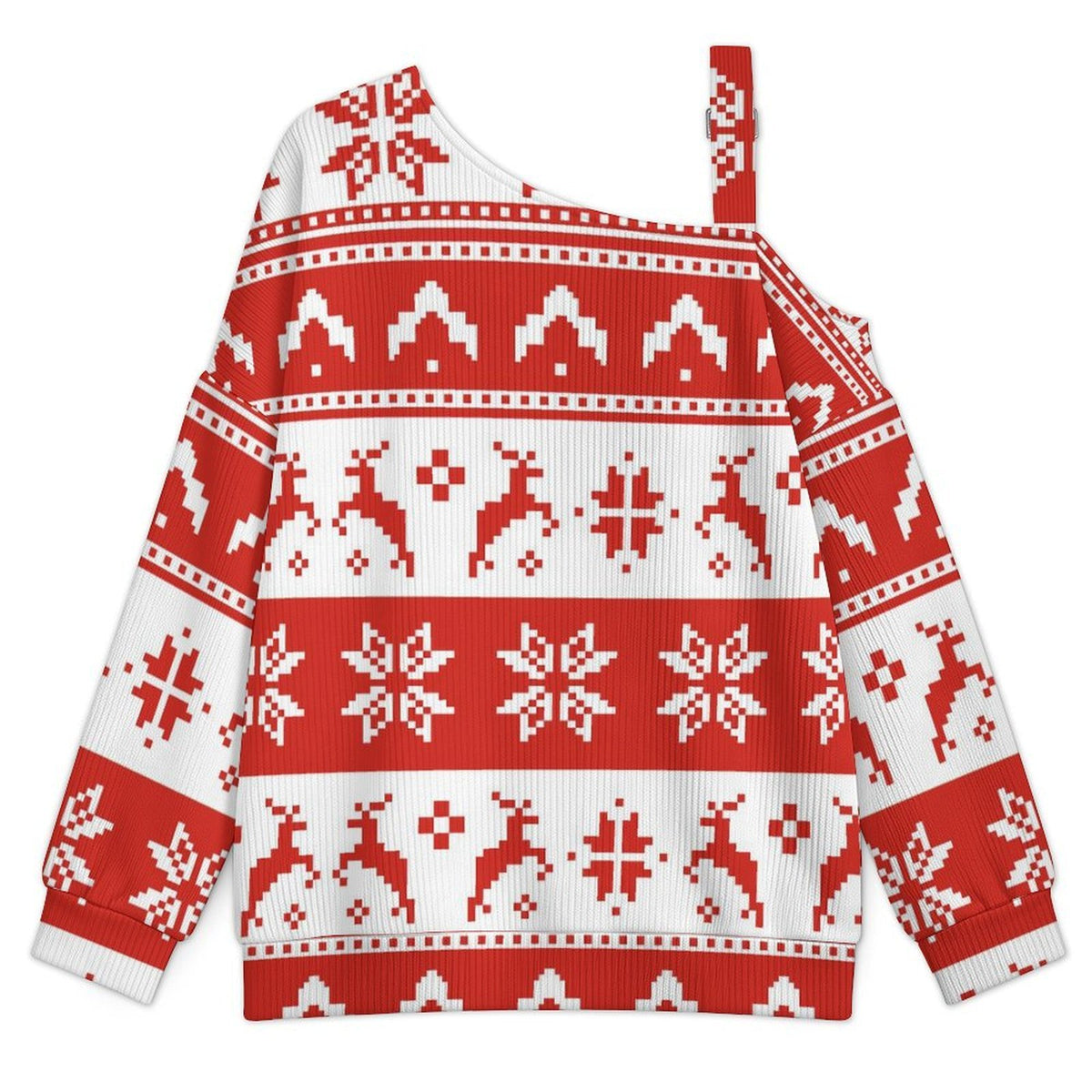 Fall Casual Asymmetric Shoulder Knit Top with Buckle Detail Christmas Pattern Red White Pixel