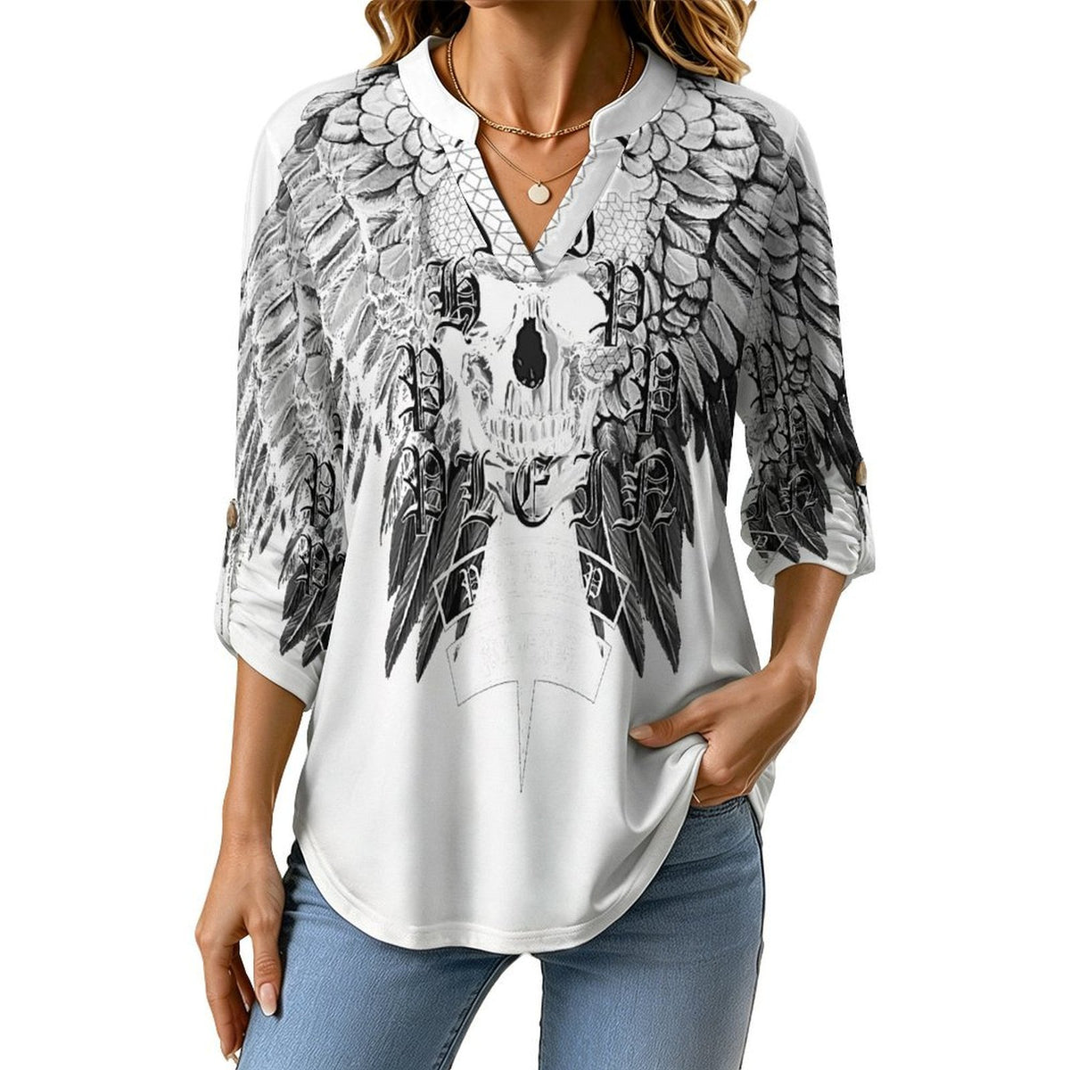 Skull, Wings  Versatile Notched V-Neck Tunic | Roll Tab 3/4 Sleeve Office Casual Top