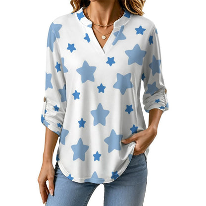 White, Blue Pentagram Roll Tab 3/4 Sleeve Notched V Neck Tunic Blouse