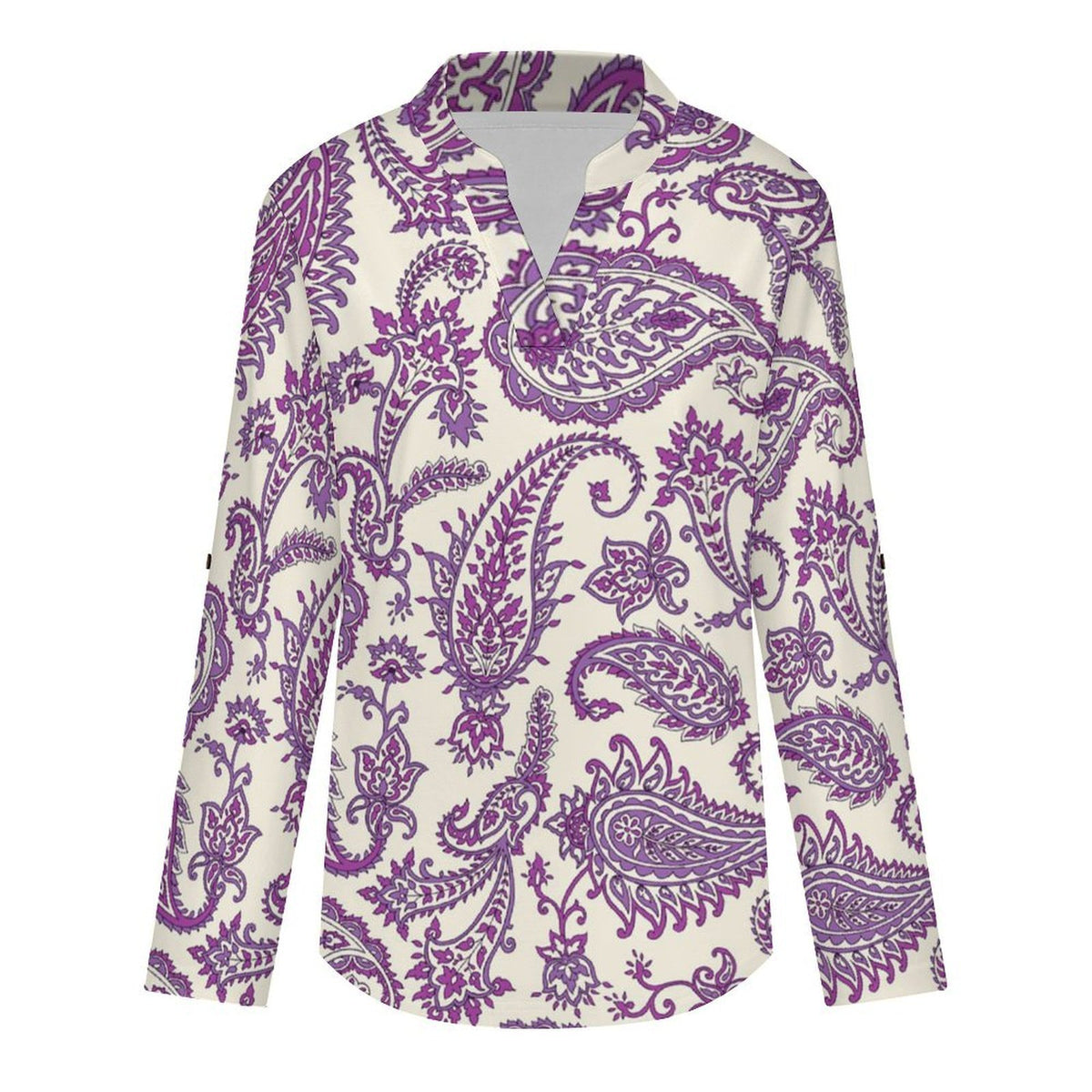 Paisley  Versatile Notched V-Neck Tunic | Roll Tab 3/4 Sleeve Office Casual Top