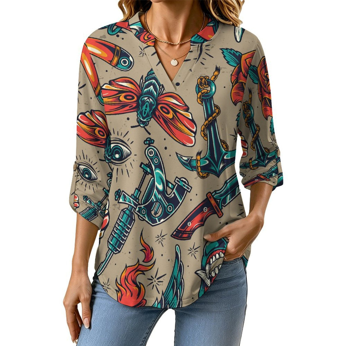 Retro Patterns, Eyes, Evil Roll Tab 3/4 Sleeve Notched V Neck Tunic Blouse